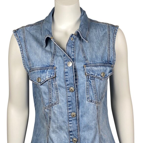 Zara Denim Mini Dress Womens M Sleeveless Snap Up Medium Wash Collar - Picture 2 of 6